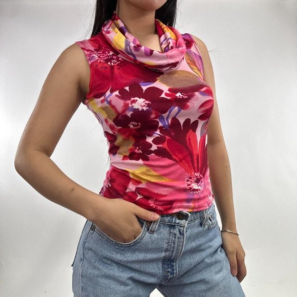 Multi-wear Floral Print Stretch Turtle Neck. Flaw shown at the bottom hem. - Picture 2 of 7